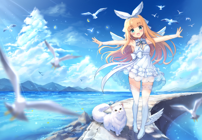 1girl akabane_(zebrasmise) armpits arms_up bird blonde_hair blue_eyes blush bow cat clouds dress hair_bow long_hair mononobe_alice nijisanji ocean open_mouth outdoors outstretched_arms ribbon seagull shoes short_dress sky sleeveless sleeveless_dress smile spread_arms sundress thigh-highs virtual_youtuber white_dress white_footwear white_legwear wind wind_lift