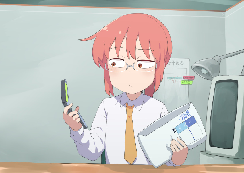 1girl bangs blush cellphone closed_mouth collared_shirt commentary_request computer flat_chest flip_phone fuka_(kantoku) glasses highres holding holding_phone kobayashi-san_chi_no_maidragon kobayashi_(maidragon) lamp looking_to_the_side medium_hair necktie office phone pink_hair shirt solo upper_body white_shirt yellow_necktie