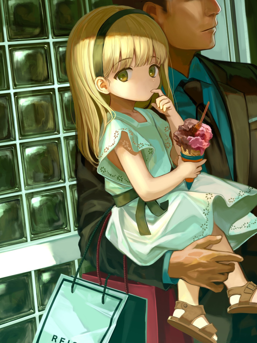 1boy 1girl bag black_jacket blonde_hair blue_dress blue_shirt brown_eyes carrying carrying_person child dress faceless faceless_male female_child finger_to_mouth food formal hairband highres ice_cream ice_cream_cone jacket long_hair looking_at_viewer necktie original sandals sero3eta shirt short_sleeves suit