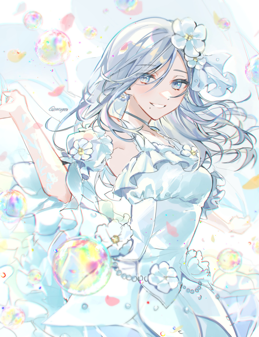 1girl absurdres backlighting bangs bare_shoulders bubble chromatic_aberration collarbone detached_sleeves dot_nose dress earrings eyes_visible_through_hair floating_hair flower flower_earrings frilled_dress frilled_sleeves frills gem grey_eyes grey_hair hair_flower hair_ornament highres hinomori_shizuku jewelry light_particles long_hair looking_at_viewer mole mole_under_mouth narugrm pearl_(gemstone) pendant_choker petals project_sekai puffy_short_sleeves puffy_sleeves short_sleeves simple_background sleeveless sleeveless_dress smile solo straight_hair swept_bangs tsurime white_background white_dress white_flower white_theme wide_sleeves