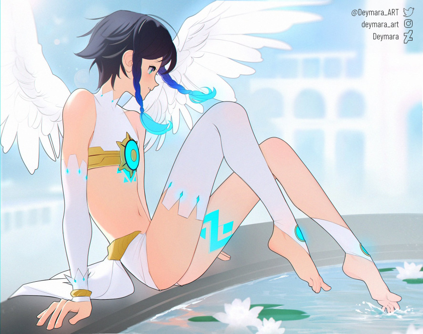 1boy androgynous bangs barefoot black_hair blue_eyes blue_hair braid bridal_gauntlets capelet chest_tattoo commentary crop_top deymara elbow_gloves english_commentary feathered_wings genshin_impact gloves glowing glowing_hair gold_trim gradient_hair highres hood hooded_capelet leg_tattoo multicolored_hair official_alternate_costume shirt short_hair_with_long_locks shorts single_thighhigh sitting solo tattoo thigh-highs toeless_legwear twin_braids venti_(genshin_impact) white_gloves white_shirt white_shorts white_wings wings
