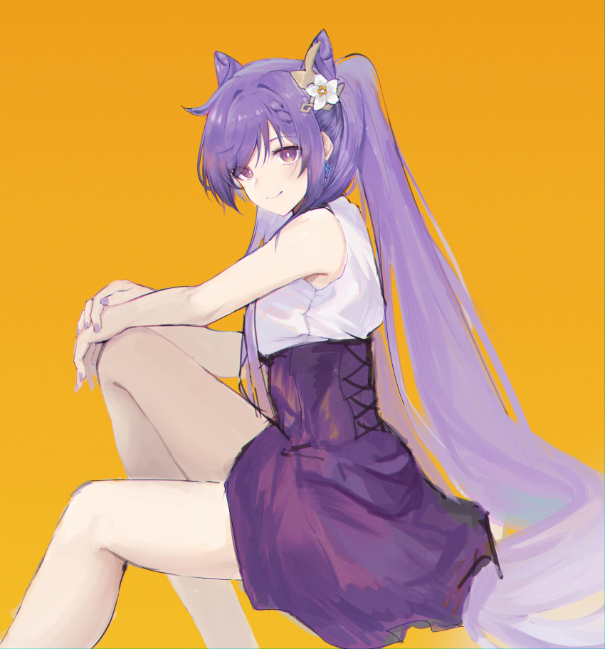 1girl absurdres bangs bare_legs bare_shoulders blouse eyebrows_behind_hair flower from_side genshin_impact hair_flower hair_ornament highres keqing_(genshin_impact) looking_at_viewer nail_polish orange_background purple_hair shirt short_hair simple_background skirt solo twintails violet_eyes zapik