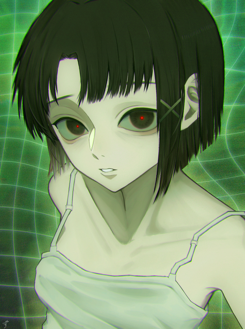 1girl absurdres asymmetrical_bangs bangs bare_shoulders black_eyes black_hair blunt_ends bob_cut breasts camisole chromatic_aberration collarbone commentary eyebrows_behind_hair hair_ornament highres iwakura_lain looking_at_viewer medium_breasts naaa_aaaa3 parted_lips red_pupils serial_experiments_lain shirt short_hair signature sleeveless sleeveless_shirt solo spaghetti_strap upper_body x_hair_ornament
