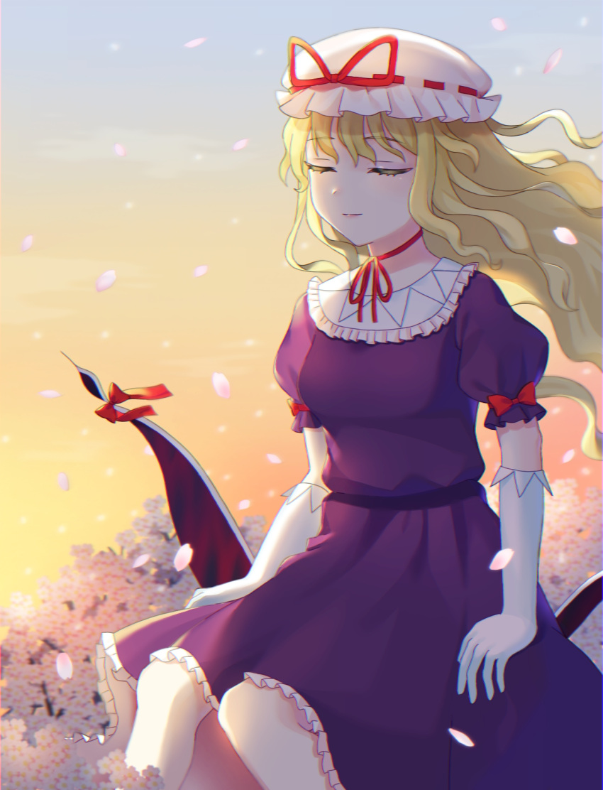 1girl bangs blonde_hair bow c_i_an cherry_blossoms closed_eyes closed_mouth dress elbow_gloves falling_petals frilled_dress frills gloves highres long_hair petals purple_dress red_bow red_ribbon ribbon smile solo sunset touhou white_gloves wind yakumo_yukari