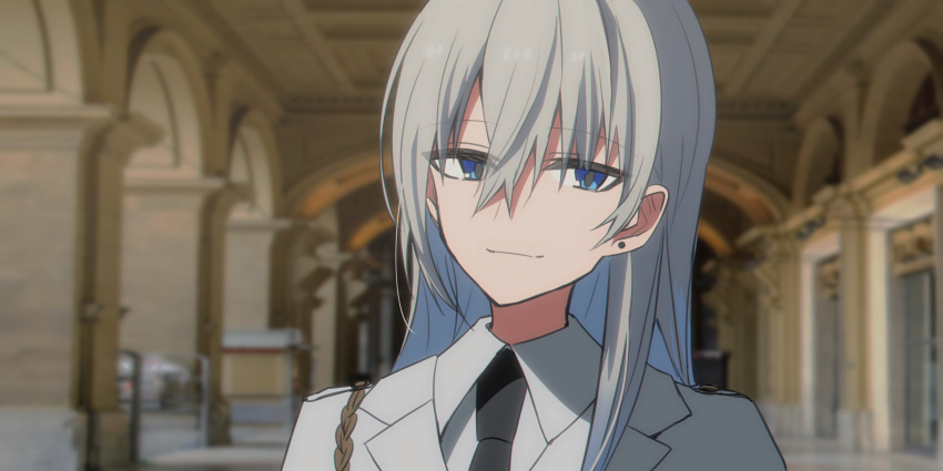 1girl bangs black_necktie blue_eyes blurry blurry_background chihuri closed_mouth collared_shirt commentary_request depth_of_field grey_hair hair_between_eyes highres jacket necktie original shirt smile solo upper_body white_jacket white_shirt