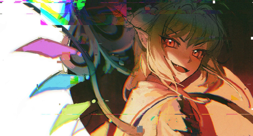 1girl :d blonde_hair crystal fang flandre_scarlet glitch laevatein_(touhou) lepetitsyn looking_at_viewer looking_to_the_side medium_hair no_hat no_headwear open_mouth pointy_ears portrait red_eyes red_vest slit_pupils smile solo touhou tsurime v-shaped_eyebrows vest wings