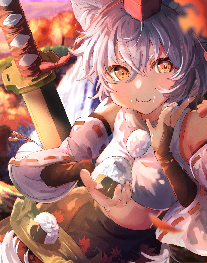 1girl :3 absurdres animal_ears autumn_leaves bangs bare_shoulders black_skirt closed_mouth eating food food_on_face highres holding holding_food inubashiri_momiji katana leaf looking_at_viewer maple_leaf mot_(gnun2235) navel onigiri outdoors red_eyes shirt short_hair skirt sleeveless sleeveless_shirt solo sunset sword touhou weapon white_hair white_shirt white_sleeves wolf_ears wolf_girl