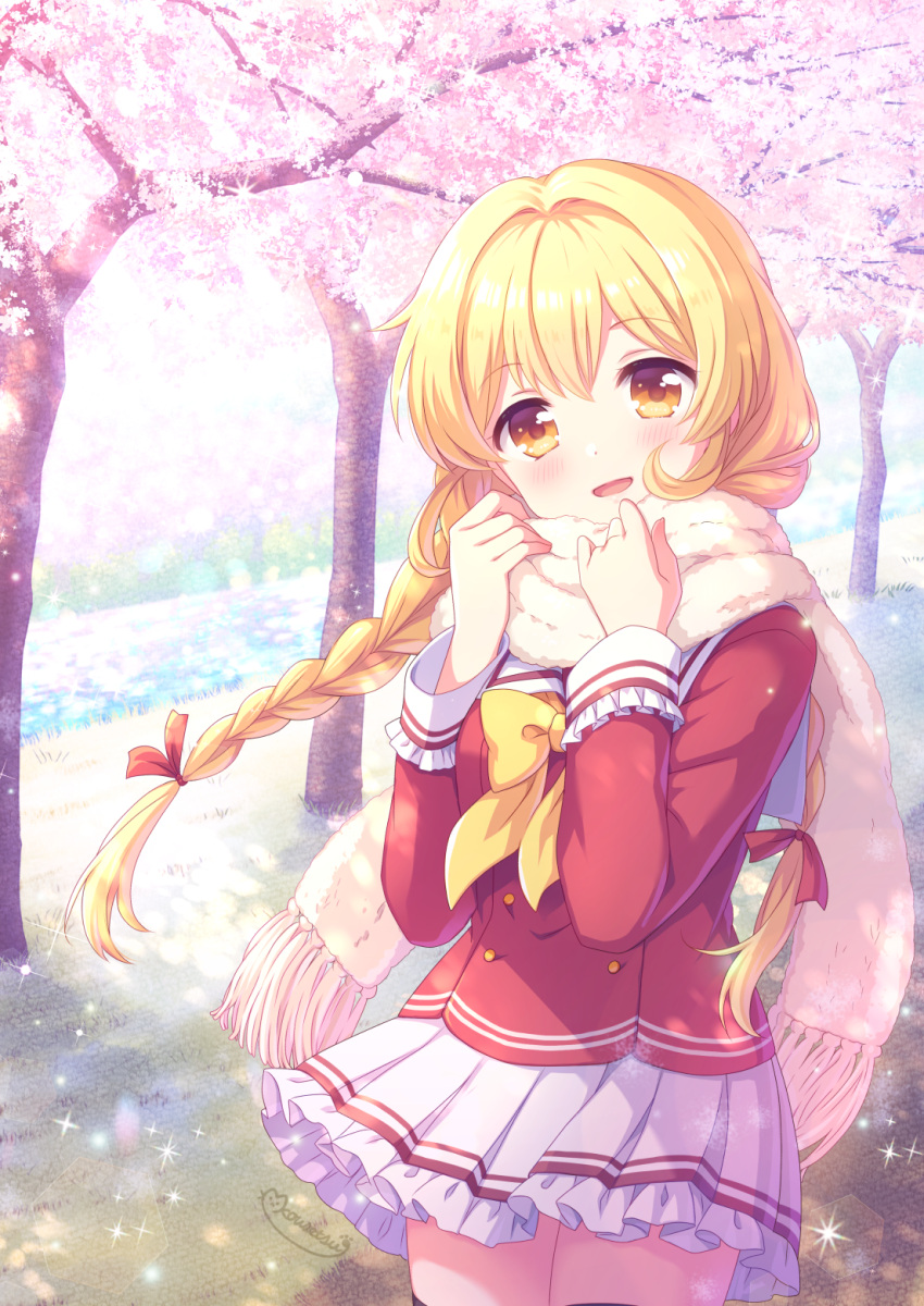 1girl bangs blonde_hair bow braid brown_eyes cherry_blossoms cowboy_shot day frilled_skirt frilled_sleeves frills fur_scarf head_tilt highres kousetsu long_hair long_sleeves looking_at_viewer neckerchief original outdoors pleated_skirt red_shirt scarf school_uniform shirt skirt solo tree twin_braids white_scarf white_skirt yellow_bow