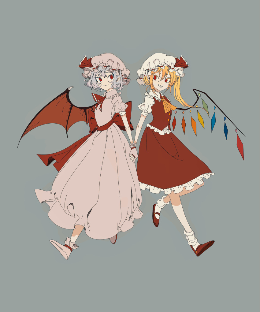 2girls absurdres ascot back_bow blonde_hair blue_hair bobby_socks bow chujiatangji closed_mouth collared_dress collared_shirt crystal demon_wings dot_nose dress fingernails flandre_scarlet frilled_shirt_collar frilled_skirt frills full_body gloves grey_background grin hair_between_eyes hat hat_ribbon highres holding_hands long_hair looking_at_another looking_to_the_side mary_janes mob_cap multiple_girls nail_polish one_side_up pink_dress pink_gloves pink_headwear pink_legwear pointy_ears puffy_short_sleeves puffy_sleeves red_ascot red_bow red_eyes red_footwear red_nails red_ribbon red_skirt red_vest red_wings remilia_scarlet ribbon shirt shoes short_hair short_sleeves siblings simple_background sisters skirt skirt_set sleeve_cuffs smile socks touhou vest white_headwear white_legwear white_shirt wings yellow_ascot