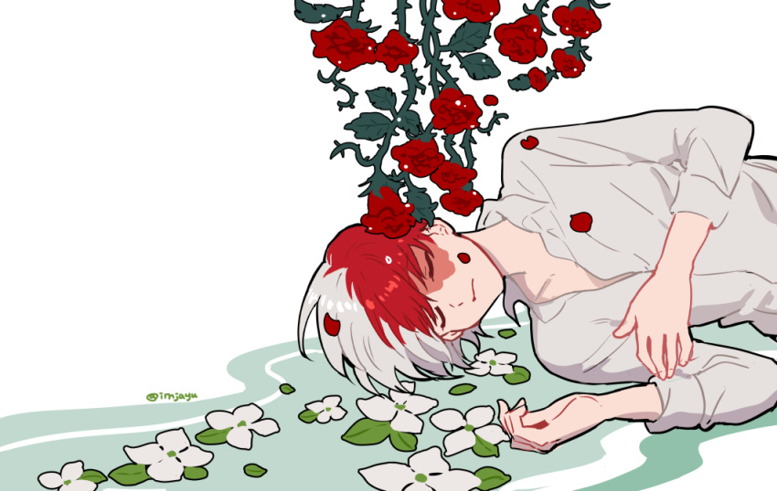 1boy boku_no_hero_academia burn_scar closed_eyes closed_mouth collared_shirt commentary english_commentary flower imjayu long_sleeves lying male_focus multicolored_hair on_side red_flower redhead scar scar_on_face shirt short_hair simple_background solo split-color_hair todoroki_shouto twitter_username two-tone_hair white_background white_flower white_hair white_shirt