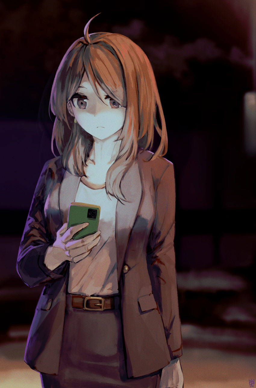 1girl absurdres ahoge bangs belt belt_buckle blazer brown_belt brown_eyes brown_hair buckle cellphone closed_mouth collarbone formal frown grey_skirt hair_between_eyes hair_intakes highres holding holding_phone jacket long_hair long_sleeves night ootato open_clothes open_jacket original outdoors pencil_skirt phone shirt skirt skirt_suit smartphone solo straight_hair suit white_shirt