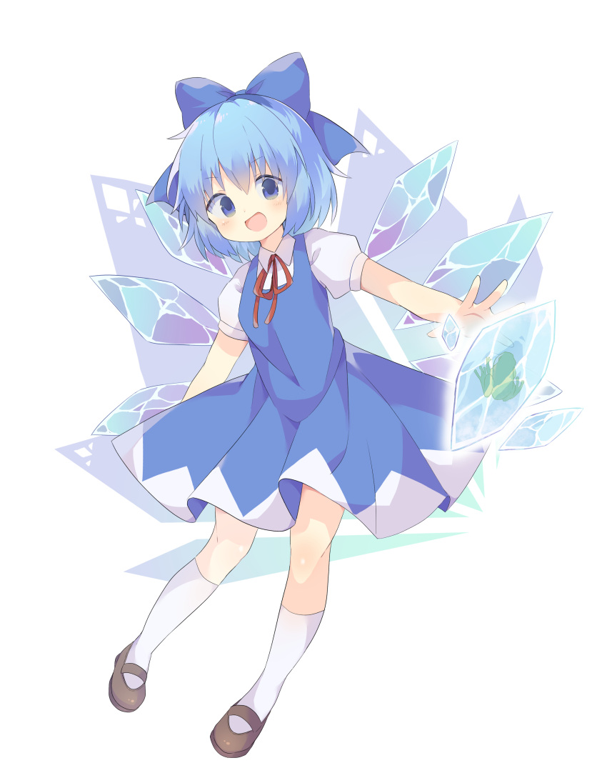 1girl :d absurdres bangs blue_bow blue_dress blue_eyes blue_hair blush bow brown_footwear cirno collared_shirt detached_wings diamond_(shape) dress frog full_body hair_between_eyes hair_bow hair_ornament hair_ribbon happy highres ice ice_wings kneehighs looking_at_viewer mary_janes nanagi neck_ribbon open_hand open_mouth puffy_short_sleeves puffy_sleeves red_ribbon ribbon shirt shoes short_hair short_sleeves skirt smile socks solo standing touhou white_background white_legwear white_shirt wings