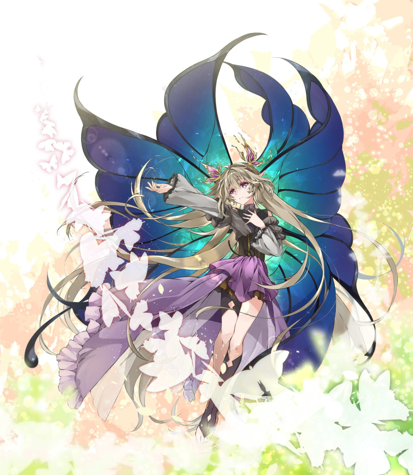1girl asymmetrical_legwear black_legwear black_shirt bug butterfly butterfly_hair_ornament butterfly_wings corset fujishiro_kazuha full_body grey_jacket hair_between_eyes hair_ornament hand_on_own_chest highres jacket light_brown_hair long_hair looking_to_the_side off_shoulder original outstretched_arm overskirt parted_lips pointy_ears purple_skirt shirt silhouette skirt solo the_empress_(tarot) toeless_legwear turtleneck violet_eyes wings