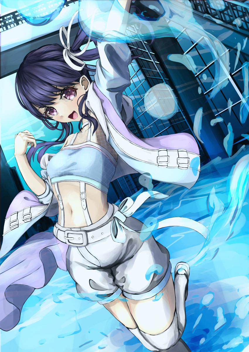 1girl absurdres artist_request belt black_hair building commentary_request crop_top dutch_angle fang fukumaru_koito highres idol_clothes idolmaster idolmaster_shiny_colors jacket long_hair looking_at_viewer midriff navel open_clothes open_jacket open_mouth shorts side_ponytail skin_fang solo splashing suspender_shorts suspenders thigh-highs violet_eyes white_belt white_legwear white_shorts