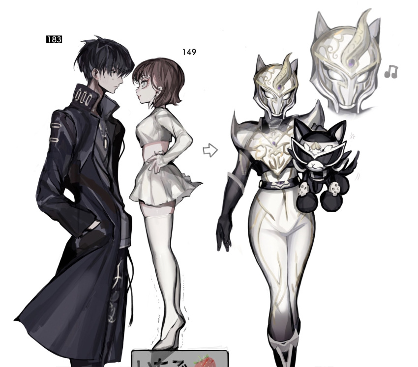 1boy 1girl avataro_sentai_donbrothers black_bodysuit black_coat black_eyes black_hair bodysuit coat commentary_request dog dual_persona from_side grey_shirt hand_in_pocket hands_in_pockets hands_on_hips height_difference highres horns inubrother inuzuka_tsubasa long_coat multiple_views on_food print_shirt realzigaga shiba_inu shirt single_horn sononi_(donbrothers) standing standing_on_box sunglasses super_sentai thigh-highs white_background white_footwear white_legwear