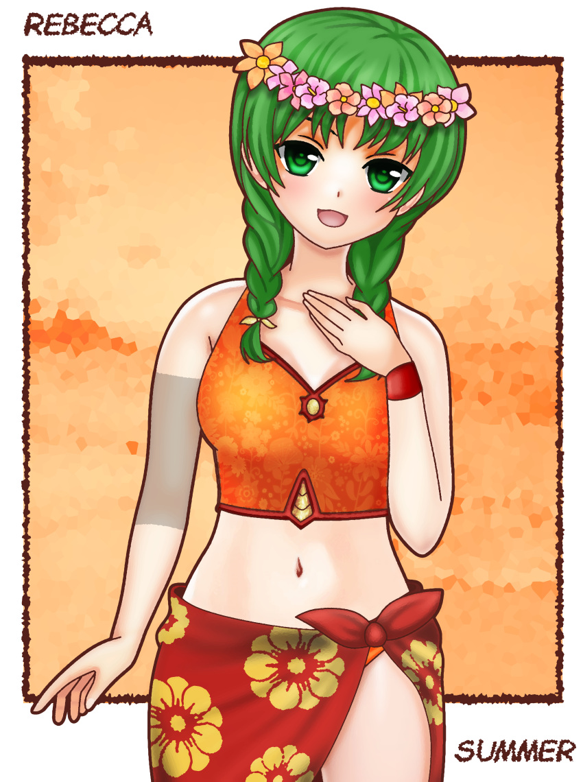 1girl absurdres bikini cute dinjo fire_emblem fire_emblem:_the_blazing_blade fire_emblem_heroes flower_crown green_hair highres intelligent_systems navel nintendo rebecca_(fire_emblem) solo super_smash_bros. swimsuit