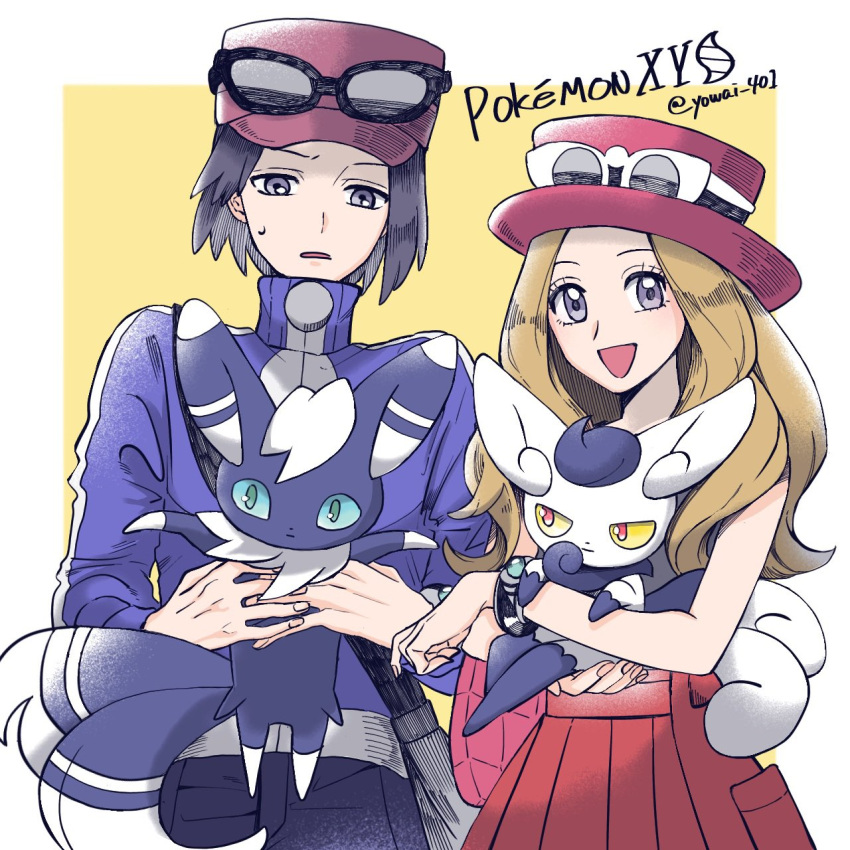 1boy 1girl black-framed_eyewear blue_jacket border brown_hair calem_(pokemon) commentary_request copyright_name eyewear_on_headwear grey_eyes hat highres holding holding_pokemon jacket long_hair long_sleeves looking_down meowstic meowstic_(female) meowstic_(male) pachiko_(norazaemon38) parted_lips pokemon pokemon_(creature) pokemon_(game) pokemon_xy red_headwear red_skirt serena_(pokemon) short_hair skirt sunglasses sweatdrop turtleneck turtleneck_jacket twitter_username white-framed_eyewear white_border yellow_background