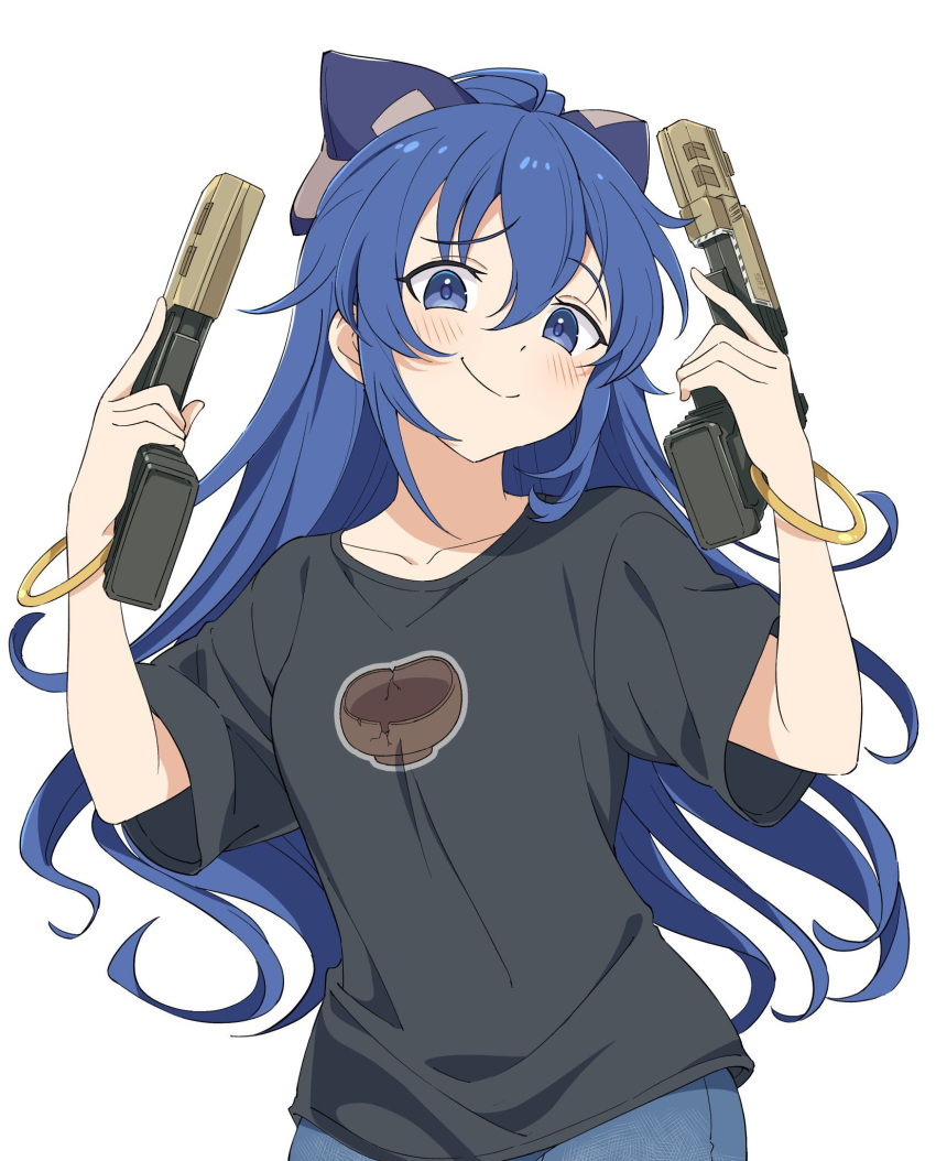 1girl apex_legends bangs black_shirt blue_eyes blue_hair blush bow bowl breasts closed_mouth commentary_request cowboy_shot dual_wielding gun hair_between_eyes hair_bow handgun highres holding holding_gun holding_weapon long_hair masho_makamaka pistol sa-3_mozambique shirt simple_background small_breasts smile solo t-shirt touhou weapon white_background yorigami_shion