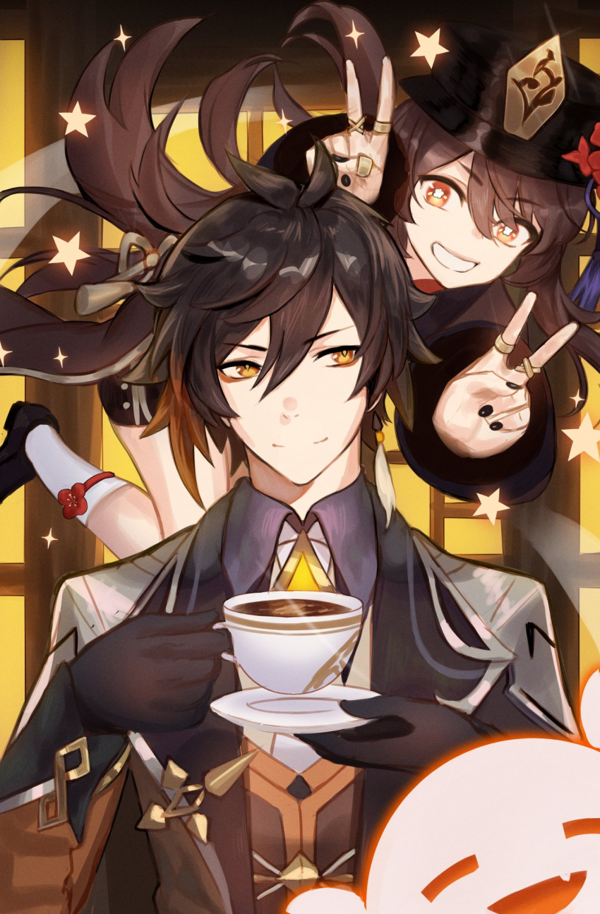 1boy 1girl :d adamosina black_nails brown_eyes cup flower-shaped_pupils genshin_impact ghost hat highres hu_tao_(genshin_impact) jewelry looking_at_viewer porkpie_hat red_eyes ring smile symbol-shaped_pupils teacup v yellow_eyes zhongli_(genshin_impact)