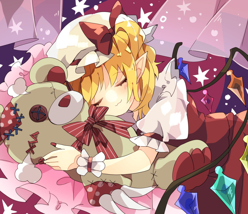 1girl :3 bangs blonde_hair bow bowtie closed_eyes commentary crystal curtains facing_viewer flandre_scarlet hat hat_bow highres medium_hair mob_cap nikorashi-ka object_hug one-hour_drawing_challenge patch pillow pointy_ears puffy_short_sleeves puffy_sleeves red_bow red_bowtie red_nails red_skirt red_vest shirt short_sleeves sidelocks skirt sleeping solo star_(symbol) stitches striped striped_bow striped_bowtie stuffed_animal stuffed_toy teddy_bear touhou upper_body vest white_headwear white_shirt wings