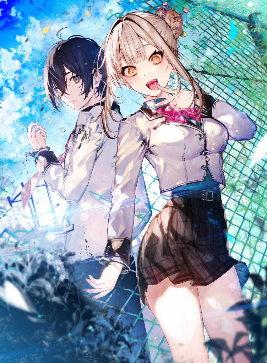 1boy 1girl absurdres ashita_no_tsumibito_to_mujintou_no_kyoushitsu back-to-back bangs black_hair blonde_hair blunt_bangs bow bowtie broken_fence broken_handcuffs candy chain-link_fence cover cover_page cuffs dutch_angle fence food hair_between_eyes hair_bun handcuffs highres kayahara lollipop looking_at_viewer novel_cover official_art parted_lips pink_bow pink_bowtie plant pleated_skirt school_uniform sidelocks single_hair_bun skirt textless_version tongue tongue_out v yellow_eyes