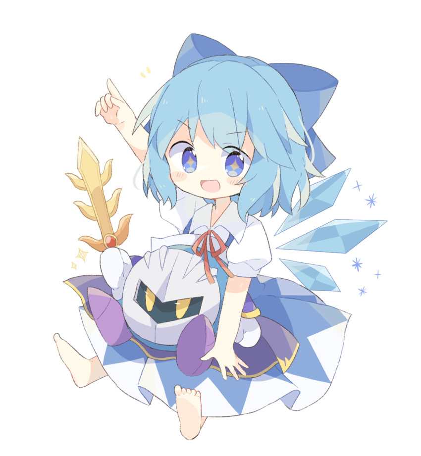 1boy 1girl :d armor bangs blue_bow blue_dress blue_eyes blue_hair bow chibi cirno collared_shirt detached_wings diamond_(shape) dress feet galaxia_(sword) gloves hair_ornament hand_up highres kirby_(series) looking_at_viewer mask meta_knight multicolored_hair nanagi pointing pointing_up purple_footwear red_ribbon ribbon shirt short_hair shoulder_armor simple_background smile solo sparkle sparkling_eyes streaked_hair sword touhou weapon white_background white_gloves white_shirt wings yellow_eyes