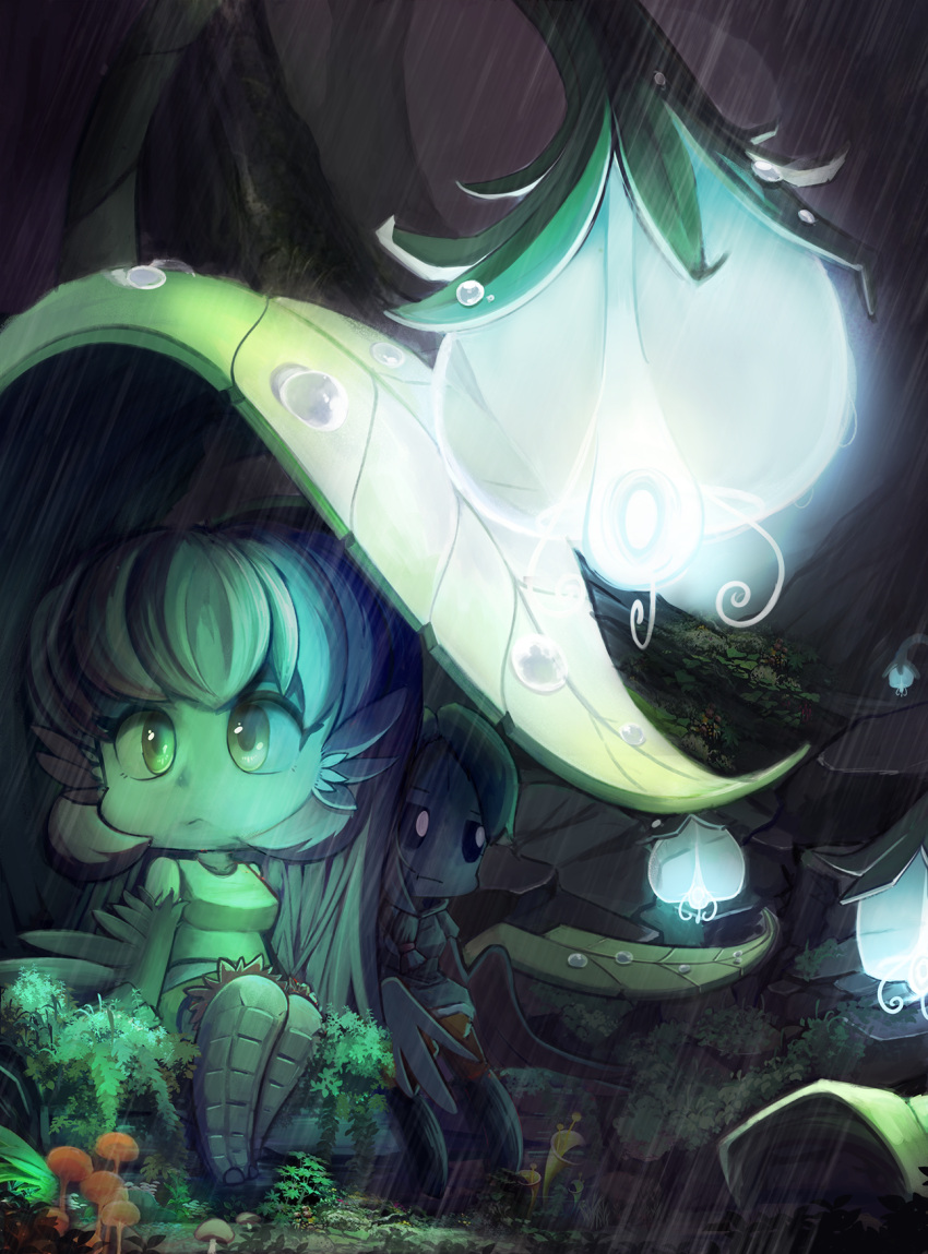 2girls :t animal_ears bangs bare_shoulders bioluminescence bird_ears bird_legs breasts chibi coco_(eogks) feathers forest harpy highres leaf_umbrella long_hair mako_(eogks) medium_breasts midriff monster_girl multiple_girls nature nn_(eogks) original oversized_plant rain scenery siblings sisters tank_top very_long_hair winged_arms wings