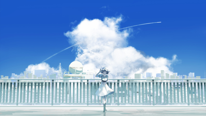 1girl absurdres black_sash blue_sky boots closed_mouth clouds contrail day dress green_eyes hand_up hat highres looking_at_viewer outdoors puffy_short_sleeves puffy_sleeves railing rsef sash shiina_mayuri short_sleeves sky smile solo steins;gate white_dress white_headwear wide_shot