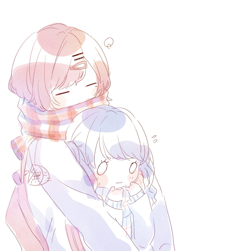 2girls artist_request backpack bag bangs black_hair brown_hair closed_eyes fukumaru_koito hair_ornament hairclip height_difference highres higuchi_madoka hug hug_from_behind idolmaster idolmaster_shiny_colors long_sleeves mole mole_under_eye multiple_girls plaid plaid_scarf scarf short_hair swept_bangs twintails upper_body white_background