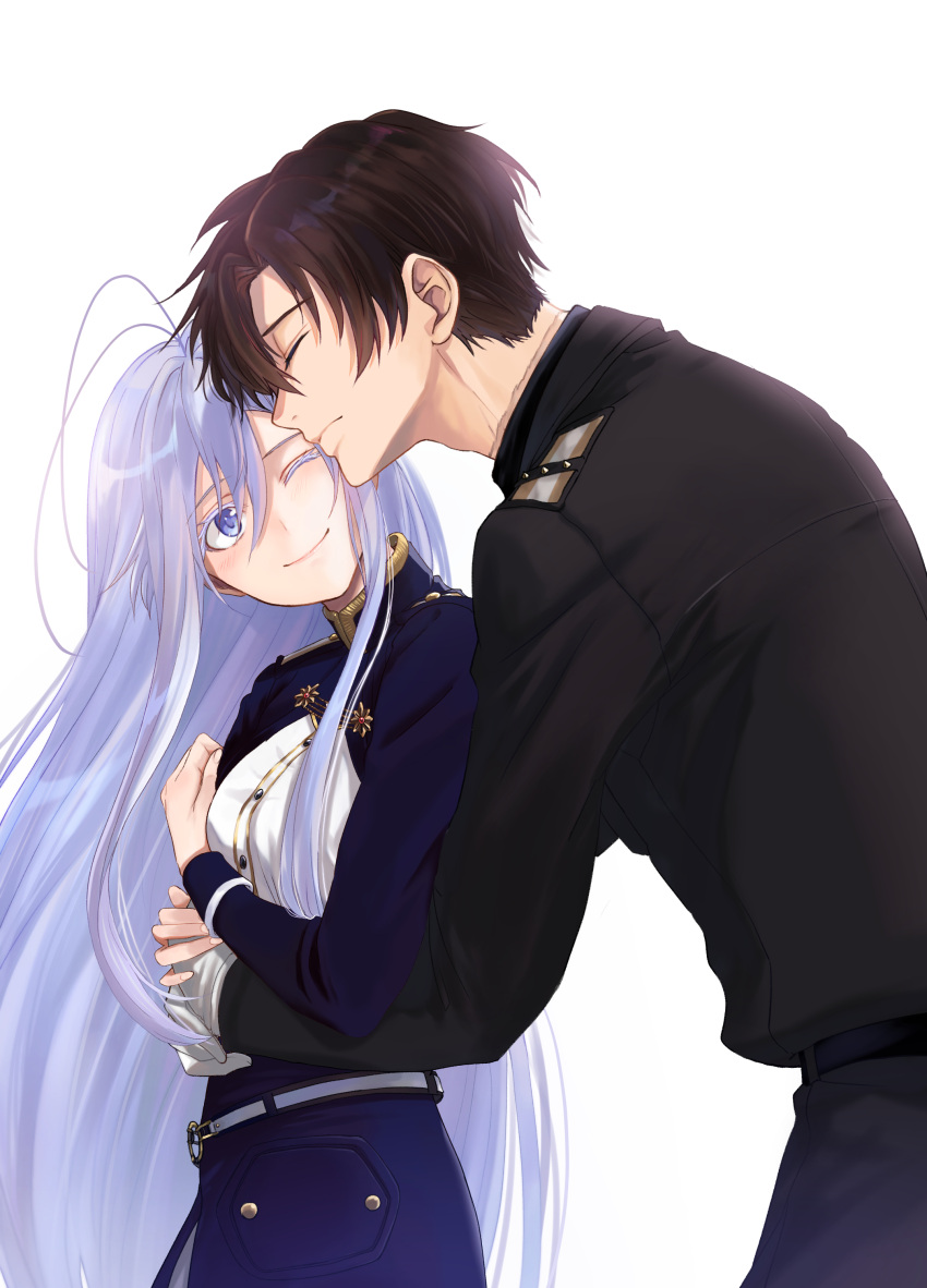 1boy 1girl 86_-eightysix- absurdres antenna_hair blue_eyes blush closed_eyes colored_eyelashes commentary_request couple heads_together hetero highres hug hug_from_behind long_hair looking_at_viewer miki62961031 military military_uniform one_eye_closed shinei_nouzen smile uniform vladilena_millize white_background white_hair