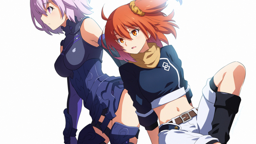 2girls armor black_legwear breasts chaldea_logo chaldea_uniform elbow_gloves fate/grand_order fate_(series) fujimaru_ritsuka_(female) gauntlets gloves highres kazuma_muramasa large_breasts mash_kyrielight multiple_girls navel orange_hair purple_hair scarf short_hair shorts side_ponytail simple_background socks tight violet_eyes white_background white_shorts yellow_scarf