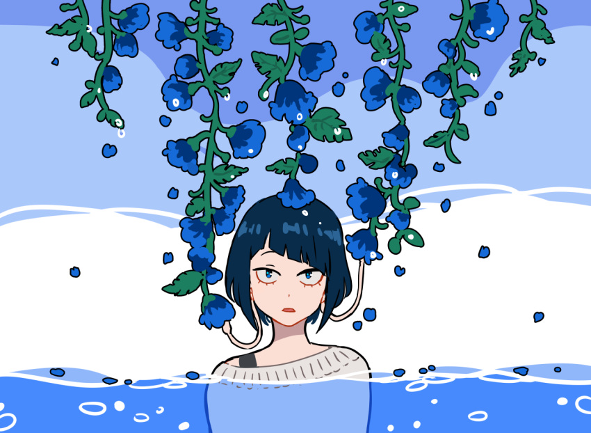 1girl bangs blue_background blue_eyes blue_flower blue_hair blunt_bangs boku_no_hero_academia commentary english_commentary flower imjayu jirou_kyouka looking_at_viewer partially_submerged short_hair solo water