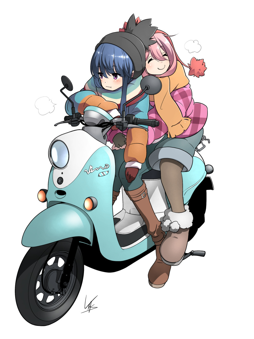 2girls :i absurdres beanie blue_hair boots fingerless_gloves gloves ground_vehicle hat highres hug hug_from_behind jacket kagamihara_nadeshiko knee_boots motor_vehicle multiple_girls multiple_riders pink_hair riding scarf scooter shima_rin shorts smile white_background yamaha_vino yasu_(pixiv) yurucamp