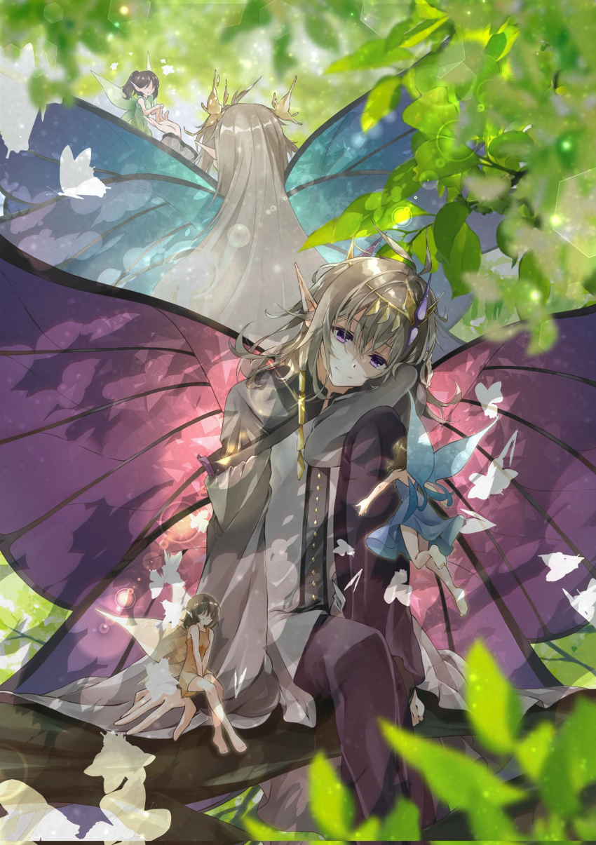 1boy 4girls androgynous antenna_hair asymmetrical_sleeves back-to-back blue_dress bug butterfly butterfly_wings buttons circlet dappled_sunlight diamond_button dress fairy foot_out_of_frame fujishiro_kazuha green_dress grey_tunic hair_between_eyes hair_tubes head_rest highres in_tree knee_up leaf lens_flare light_brown_hair long_hair looking_at_another male_focus medium_hair multiple_girls orange_dress original pants pointy_ears purple_pants silhouette sitting sitting_in_tree smile solo_focus sunlight the_emperor_(tarot) toeless_legwear tree violet_eyes wings