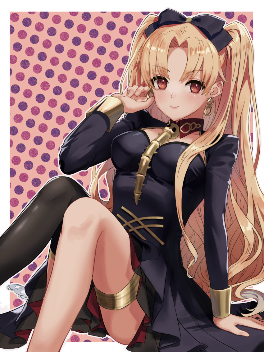 1girl absurdres alternate_costume alternate_hairstyle bangs black_dress black_legwear black_ribbon blonde_hair blush breasts closed_mouth commentary_request dress earrings ereshkigal_(fate) fate/grand_order fate_(series) hair_ribbon highres jewelry lips long_hair long_sleeves looking_at_viewer matsuri_(tamara) medium_breasts parted_bangs pink_lips red_eyes ribbon single_thighhigh sitting skull smile solo spine thigh-highs two_side_up very_long_hair