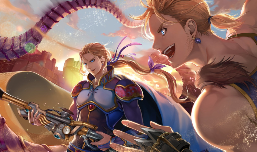 2boys armor bangs blonde_hair blue_cape blush breastplate brothers cape earrings edgar_roni_figaro fighting_stance final_fantasy final_fantasy_vi ground_vehicle hair_ribbon halu-ca highres holding holding_weapon jewelry long_hair looking_to_the_side low_ponytail male_focus mash_rene_figaro military military_vehicle motor_vehicle multi-tied_hair multiple_boys muscular muscular_male open_mouth orthros outdoors ribbon sand short_hair shoulder_armor siblings sideburns smile tank tentacles upper_body uppercut weapon