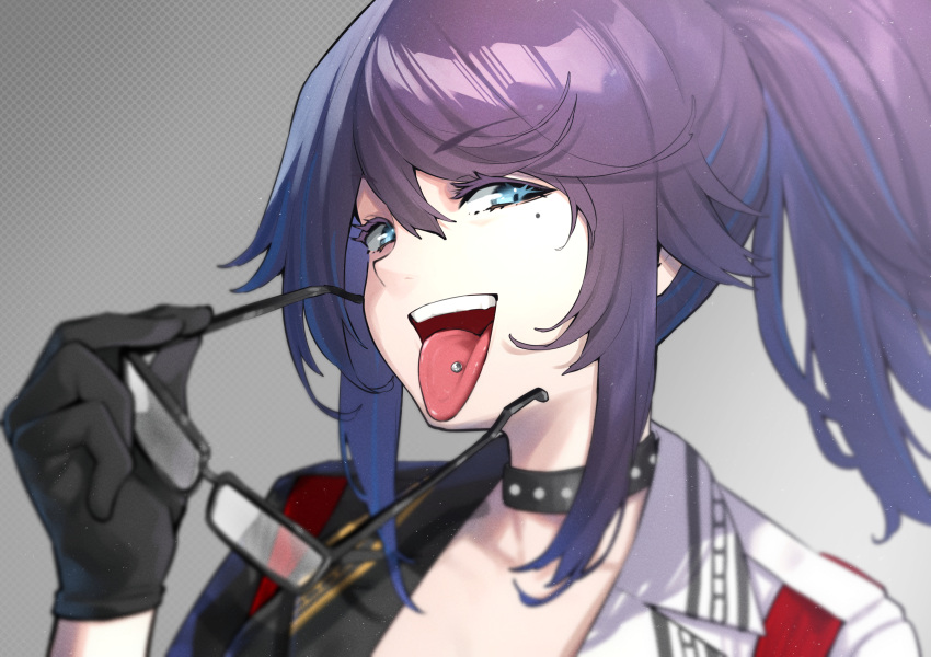 black_choker black_gloves blue_eyes choker eyewear_removed glasses gloves highres holding indie_virtual_youtuber jacket kson looking_at_viewer mikan_(chipstar182) mole mole_under_eye piercing ponytail purple_hair smile tongue tongue_out tongue_piercing