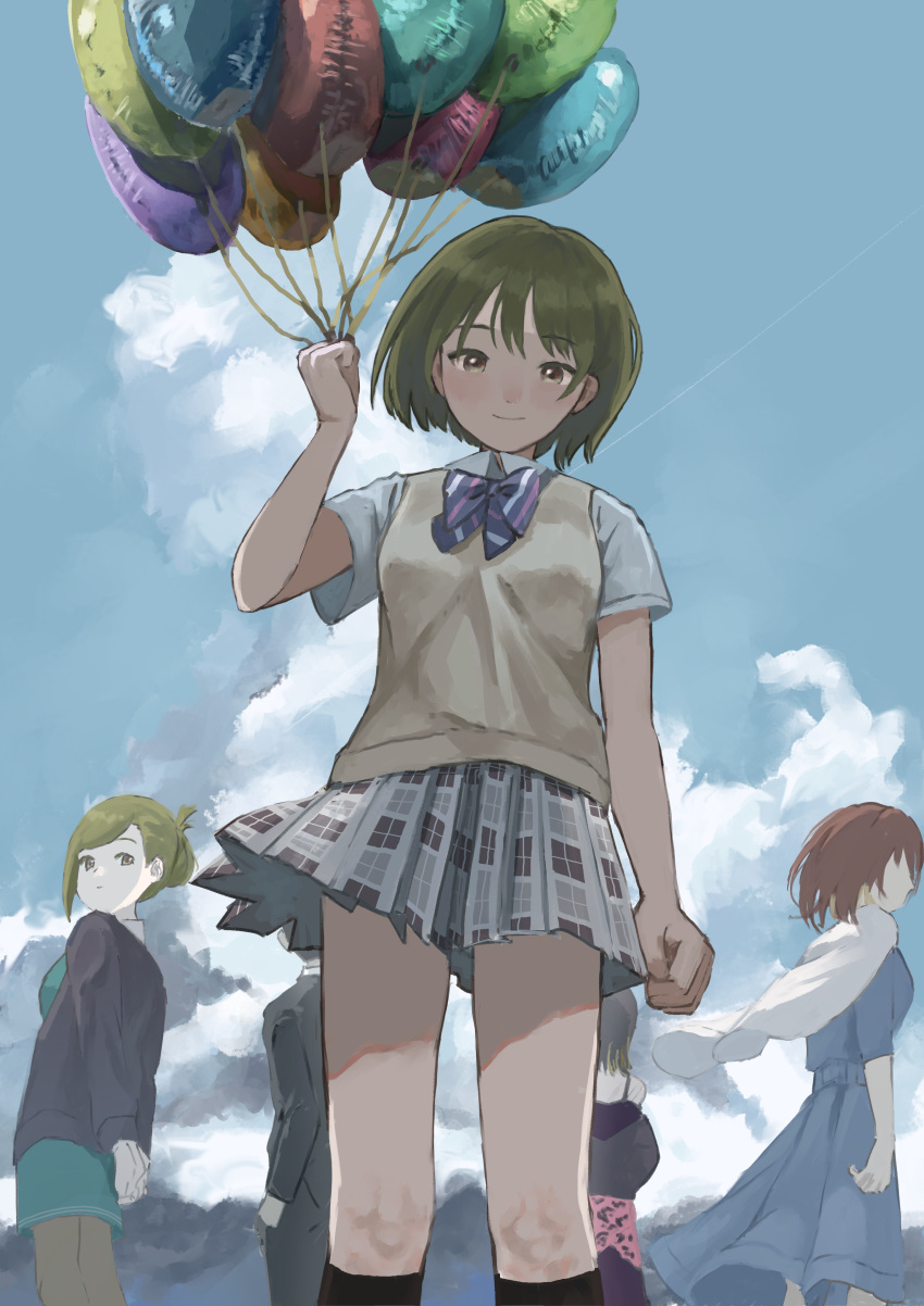 1_kozin 1boy 4girls absurdres aketa_mikoto balloon black_legwear bow bowtie clouds cumulonimbus_cloud faceless faceless_female feet_out_of_frame green_hair highres holding holding_balloon idolmaster idolmaster_shiny_colors ikaruga_luca kneehighs looking_at_viewer looking_back multiple_girls nanakusa_hazuki nanakusa_nichika outdoors plaid plaid_skirt pleated_skirt producer_(idolmaster) school_uniform shirt short_hair short_sleeves siblings sisters skirt smile solo_focus striped striped_bow striped_bowtie vest white_shirt yellow_vest