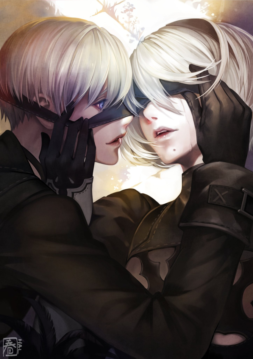 1boy 1girl black_dress black_gloves black_jacket blindfold blue_eyes couple dress gloves hair_between_eyes hairband halu-ca hand_on_another's_cheek hand_on_another's_face highres imminent_kiss jacket lips long_sleeves mole mole_under_mouth nier_(series) nier_automata parted_lips puffy_sleeves removing_eyewear short_hair teeth upper_body upper_teeth white_hair yorha_no._2_type_b yorha_no._9_type_s