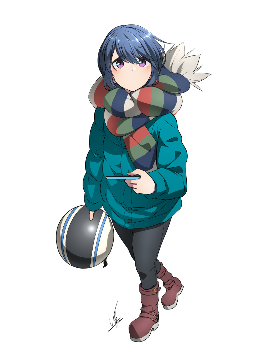 1girl absurdres blue_hair boots cellphone headwear_removed helmet helmet_removed highres holding holding_helmet holding_phone jacket motorcycle_helmet phone pink_eyes scarf shima_rin smartphone solo walking white_background yasu_(pixiv) yurucamp