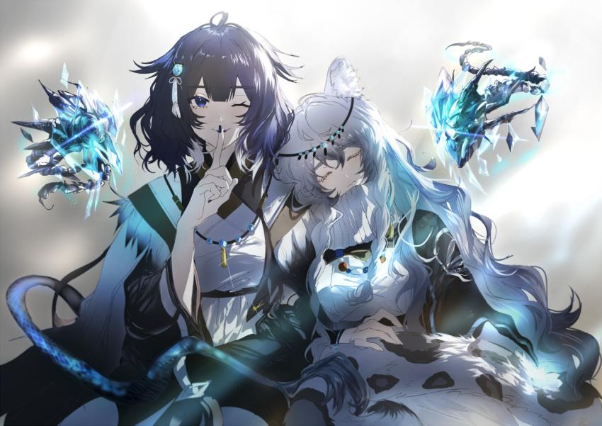 2girls animal_ears arknights black_hair blue_eyes blurry blurry_background capelet closed_eyes creature dress feather_trim finger_to_mouth floating grey_hair hair_ornament head_on_another's_shoulder index_finger_raised jewelry kjera_(arknights) leopard_ears leopard_tail lipstick long_hair looking_at_viewer magic makeup medium_hair multicolored_hair multiple_girls nail_polish necklace one_eye_closed pramanix_(arknights) shushing sitting sixteenhanasaki sleeping smile tail two-tone_hair white_dress white_hair