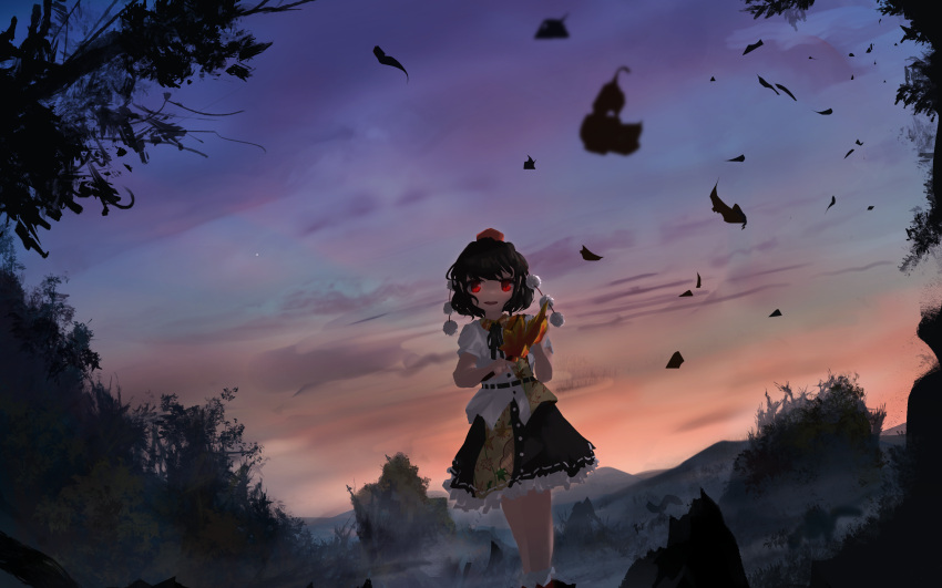 1girl autumn_leaves bangs black_hair black_ribbon black_skirt dress dusk falling_leaves fog frilled_dress frills hair_ornament hat highres holding holding_leaf leaf looking_at_viewer mountainous_horizon multicolored_sky open_mouth pom_pom_(clothes) red_eyes red_headwear ribbon scenery shameimaru_aya short_hair skirt sky solo star_(sky) touhou tree ushitsuchi white_dress