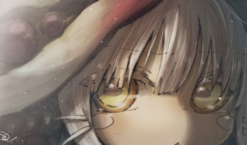 1other bandam brown_fur close-up commentary_request furry grey_hair hair_between_eyes helmet horizontal_pupils light_particles looking_ahead looking_at_viewer made_in_abyss nanachi_(made_in_abyss) other_focus parted_lips portrait signature solo whiskers yellow_eyes