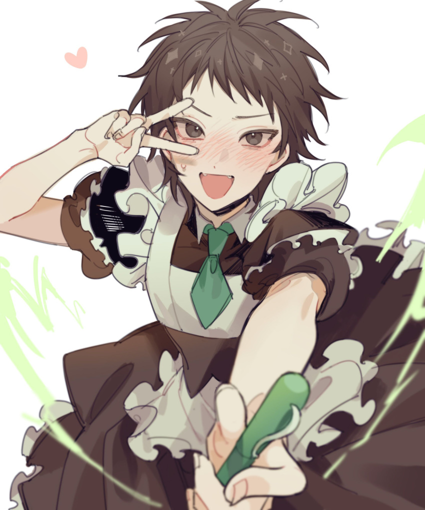 1boy absurdres apron blush brown_dress brown_eyes brown_hair chinese_commentary commentary_request dream633 dress embarrassed fangs frilled_apron frilled_dress frills green_necktie harada_minoru heart highres maid maid_apron male_focus necktie open_mouth puffy_short_sleeves puffy_sleeves saibou_shinkyoku short_hair short_necktie short_sleeves smile solo v white_apron