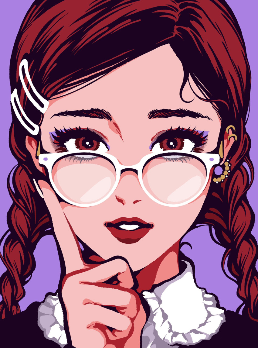 1girl braid brown_eyes brown_hair earrings glasses hair_ornament hairclip hand_up highres index_finger_raised jewelry long_hair looking_at_viewer minillustration original parted_lips purple_background red_lips simple_background smile solo twin_braids white-framed_eyewear