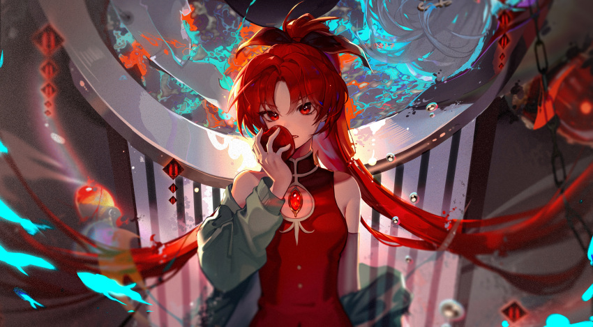 1girl abstract_background absurdres apple bangs bare_shoulders bubble chinese_commentary collared_shirt commentary_request eating film_grain food fruit green_jacket hair_ribbon hand_up high_ponytail highres holding holding_food holding_fruit jacket kong_tiao_bo_zi long_hair looking_at_viewer mahou_shoujo_madoka_magica off_shoulder open_mouth parted_bangs parted_hair red_eyes red_shirt redhead ribbon sakura_kyouko shirt sleeveless sleeveless_shirt solo soul_gem standing upper_body v-shaped_eyebrows very_long_hair
