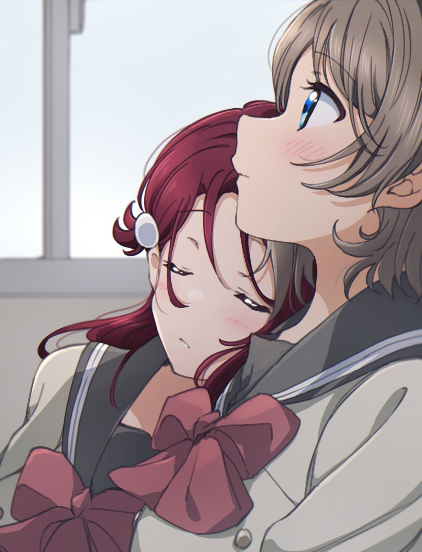 2girls absurdres blue_eyes bow bowtie brown_hair closed_eyes closed_mouth collared_shirt grey_sailor_collar grey_shirt hair_ornament hairclip head_on_another's_shoulder highres long_hair love_live! love_live!_sunshine!! multiple_girls profile red_bow red_bowtie redhead sailor_collar sailor_shirt sakurauchi_riko school_uniform shiny shiny_hair shirt short_hair sleeping upper_body watanabe_you yuchi_(salmon-1000)