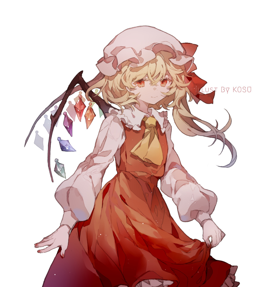 1girl artist_name ascot asymmetrical_hair blonde_hair closed_mouth collared_shirt commentary cowboy_shot crystal facttt fingernails flandre_scarlet frilled_shirt_collar frilled_skirt frills hair_between_eyes hat hat_ribbon highres long_hair long_sleeves looking_at_viewer mob_cap nail_polish puffy_sleeves red_eyes red_nails red_ribbon red_skirt red_vest ribbon shirt side_ponytail simple_background skirt skirt_hold skirt_set smile solo touhou vest white_background white_headwear white_shirt wings yellow_ascot