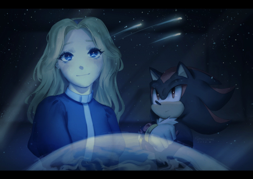 1boy 1girl black_fur blonde_hair blue_eyes blush bracelet collared_dress comet crossed_arms dress furry furry_male gauntlets gloves highres jewelry long_hair looking_to_the_side maria_robotnik multicolored_fur pointy_nose red_eyes red_fur shadow_the_hedgehog sky smile sonic_(series) sonic_adventure_2 spacecolonie star_(sky) starry_sky white_fur window