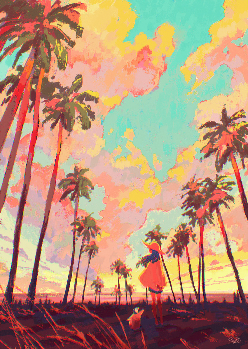 1girl arms_behind_back bird clouds cloudy_sky from_behind grass hat highres horizon long_hair ocean original outdoors palms pastel_colors penguin scenery shirt signature sky standing summer sun_hat sunset tabi_(tabisumika) white_shirt wind